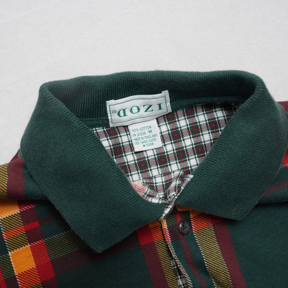 IZOD Plaid Polo Shirt Mens Medium Green Red Yellow Golf Preppy Vintage Style - Picture 4 of 14